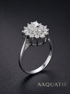 925 Sterling Silver 5A High-Dispersion Starburst Cocktail Ring Rhodium • Size 9